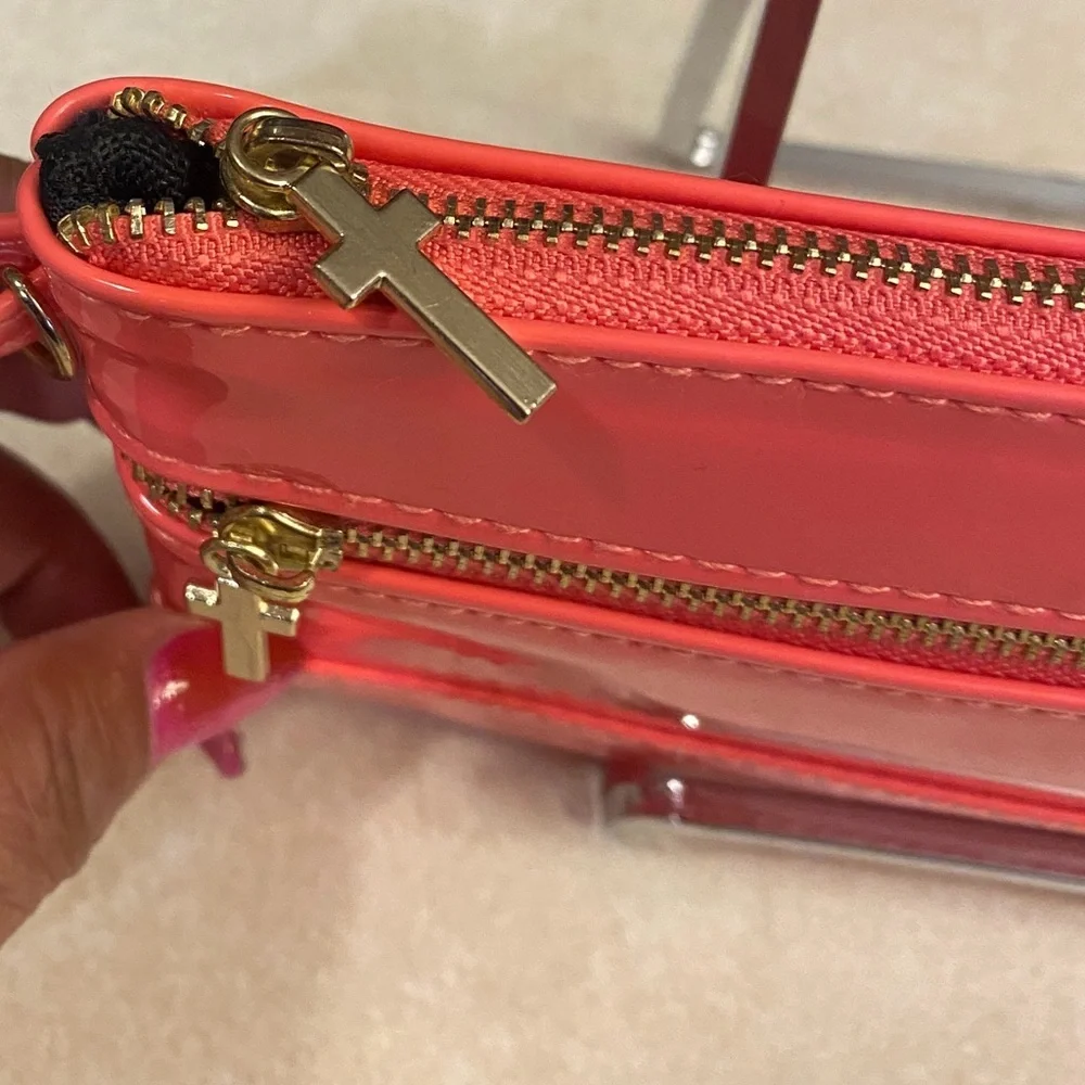 PURSE: Coral/Peach Patent Leather Pouch w/Golden Cross Charm Zipper Pulls, NWOT